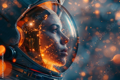 Dreamy female astronaut in a spacesuit and helmet looks into the distance