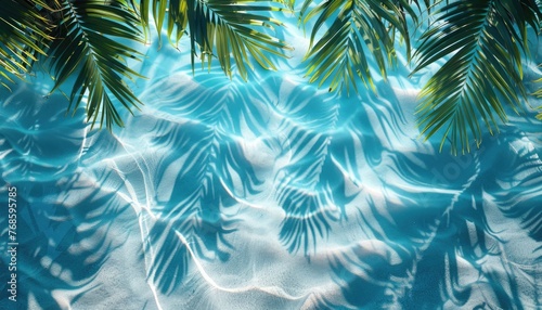 Water surface with Tropical leaf shadow. Shadow of palm leaves on blue water. Beautiful abstract background concept banner for summer vacation at the beach. background for design