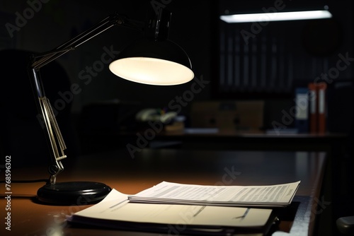 dark office with a single desk lamp on highlighting paperwork © Alfazet Chronicles
