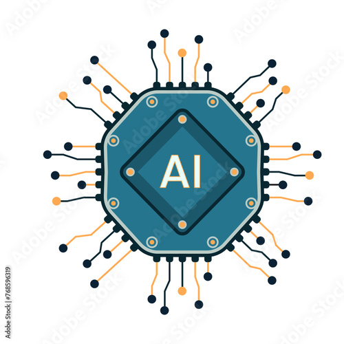 Vector computer electronic chip AI icon. Microchip processor artificial intelligence, cpu, iot, big data isolated on white background