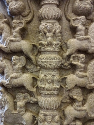 Intricate designs and patterns are depicted in stone carvings. at Indian Museum Kolkata 