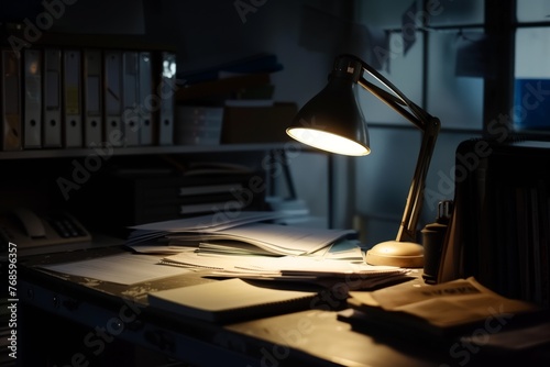 dark office with a single desk lamp on highlighting paperwork