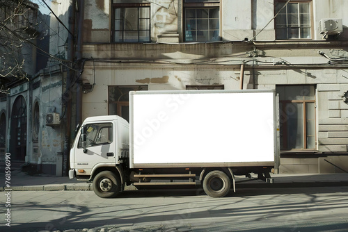 Delivery truck with blank white board for mockup information is parked at urban street with stone road and sidewalk.