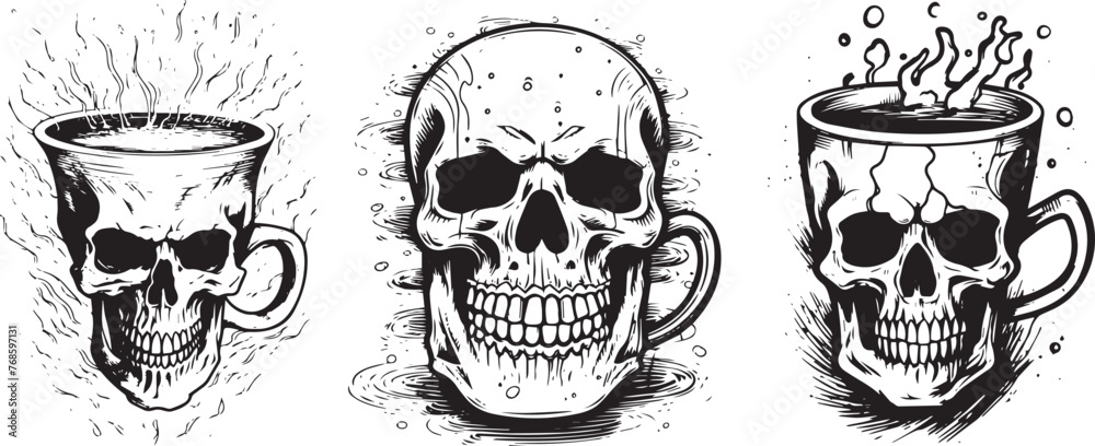 skull shaped cups, quirky and gothic, vector illustration silhouette laser cutting black and white shape