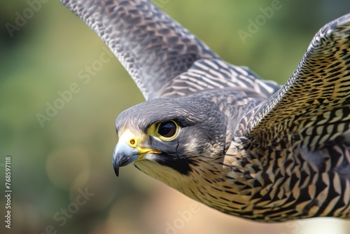 closeup: falcons head and beak while flying