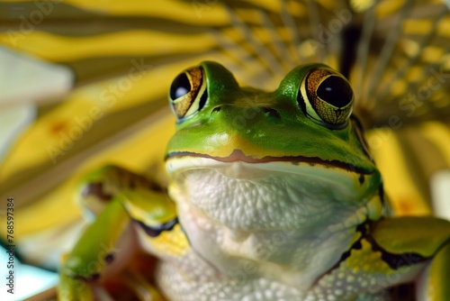 closeup of a frog with a leafpatterned umbrella
