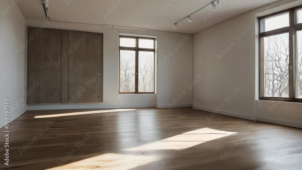 Bright empty room with hardwood floor and windows