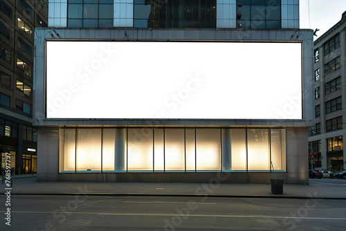 Large horizontal blank advertising poster billboard banner mockup in front of building in urban city; digital light box display screen for OOH media. 12 sheet out-of-home.