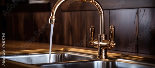 A new faucet in a kitchen sink is seen running water. The stainless steel sink is clean and shiny  with the water flowing from the faucet into the basin.