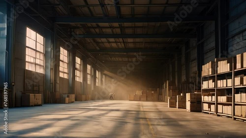 Dimly lit warehouse interior with elongated shadows and a serene vibe photo