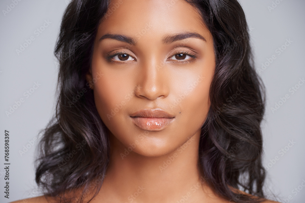 Portrait, face and Mexican woman with closeup for beauty, cosmetics and makeup serious isolated on studio background. Female person, gen z girl and lady with skin for care, dermatology and treatment Portrait, face and Mexican woman with closeup for beauty, cosmetics and makeup serious isolated on studio background. Female person, gen z girl and lady with skin for care, dermatology and treatment