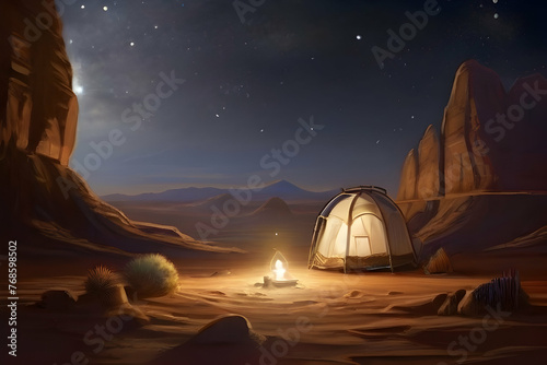 ufo in the night. sky, landscape, sunset, tent, night, desert, mountain, nature,Ai generated 