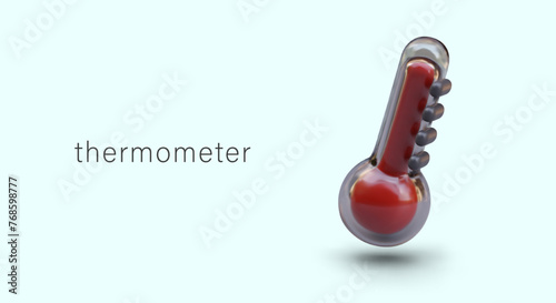 Vector banner with realistic red thermometer. Glass device for measuring temperature