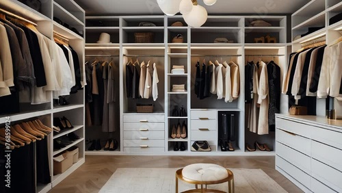 Elegant and organized walk-in closet with custom furnishings