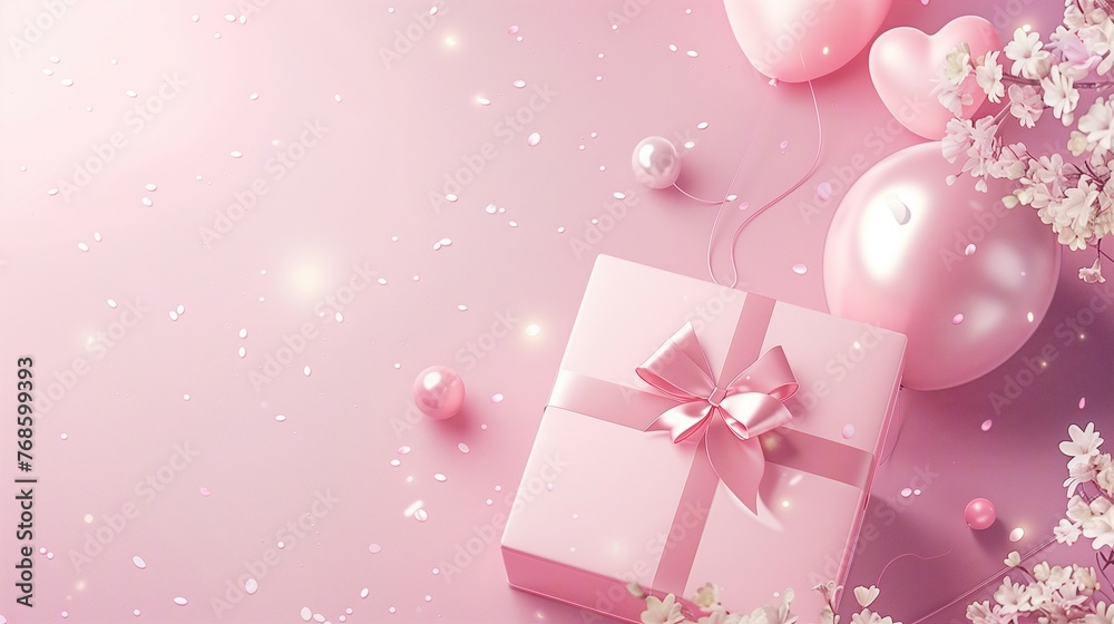 Birthday background with pink gift boxes and heart balloon on pastel color tone,copy space.