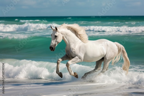white horse galloping beside turquoise waves