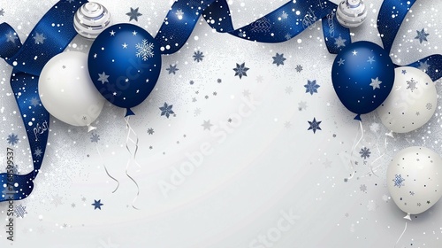 White background with blue and silver balloons,ribbons,snowflakes,stars, celebration,festivel. photo