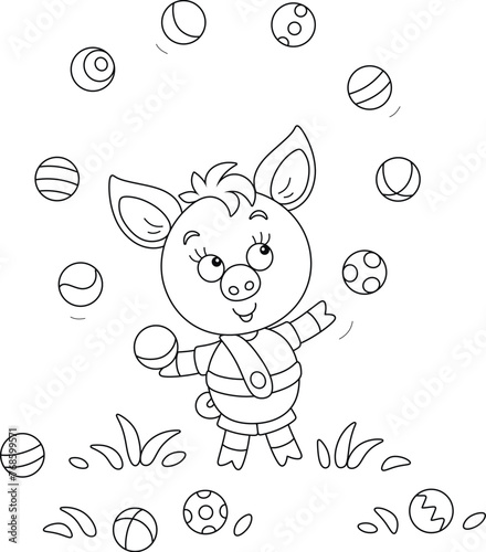 Funny cartoony little piglet merrily juggling with small balls on a summer lawn, black and white outline vector cartoon illustration for a coloring book