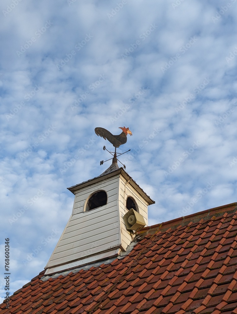 Weather vane with a rooster on a rooftop under a blue sky Weather vane with a rooster on a rooftop under a blue sky