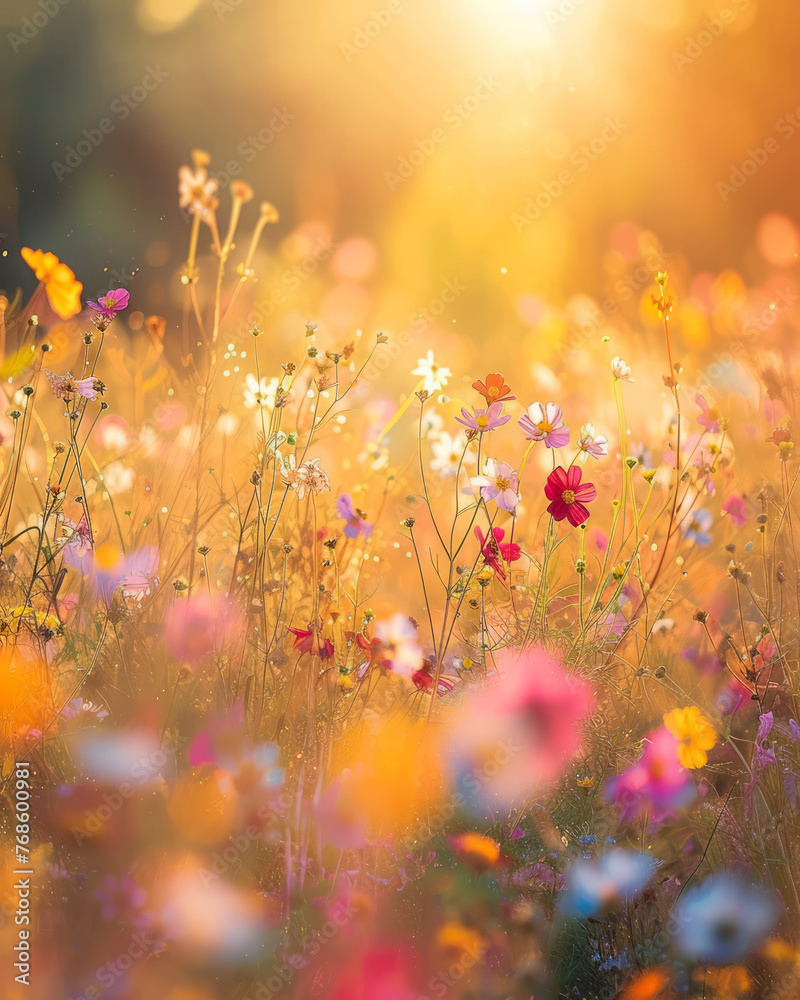 A splendid display of nature's palette with colorful wildflowers soaking up the golden hour's warm sunlight