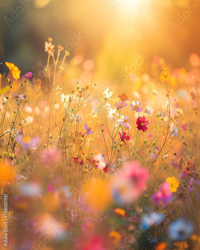 A splendid display of nature's palette with colorful wildflowers soaking up the golden hour's warm sunlight © road to millionaire