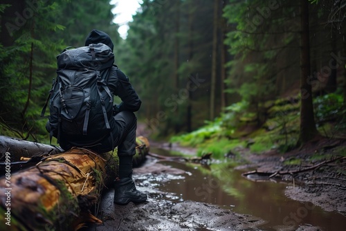 solo traveler taking a break on a muddy forest log