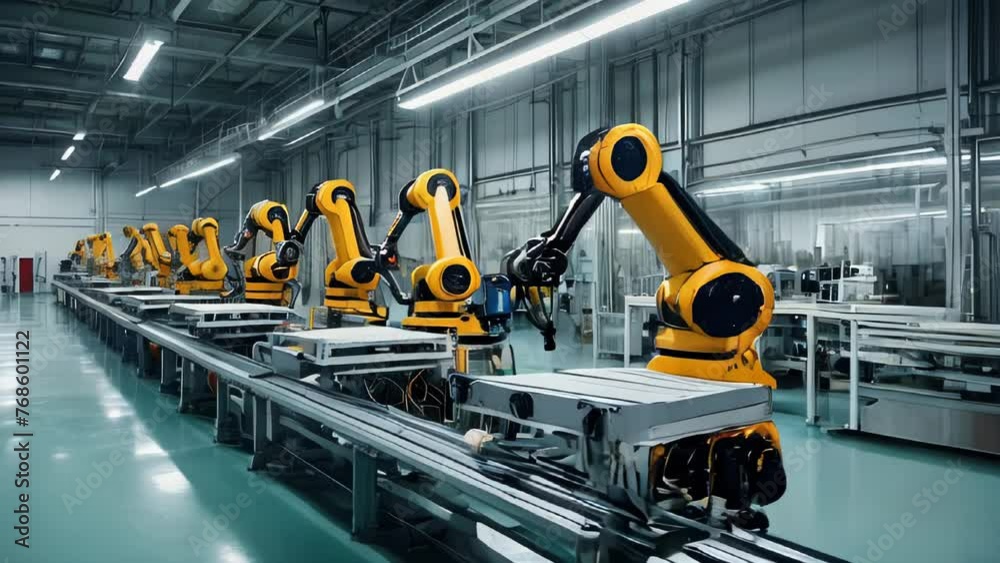 Robotic assembly line in an industrial factory, showcasing advanced automation and manufacturing technology, concept of modern production. Robotic assembly line in an industrial factory, showcasing advanced automation and manufacturing technology, concept of modern production.