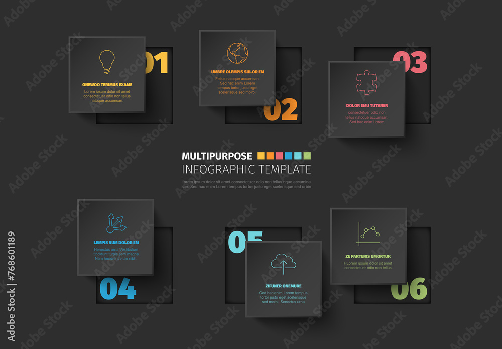 Dark infographic template with six dark gray square step blocks Stock ...