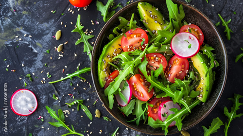 A bowl of salad with avocado, radishes, and tomatoes