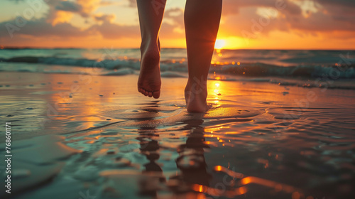 Close up of a woman's feet walking on the beach at sunset, with a beautiful natural background, in a high resolution photographic style, with insane detail 