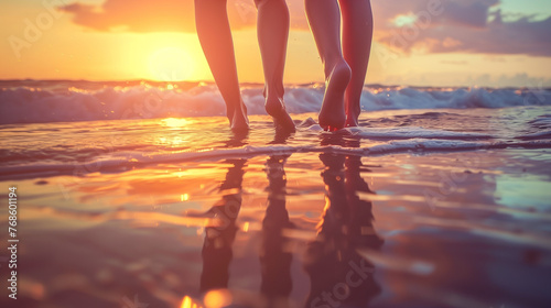 Close up of two women s feet walking on the beach at sunset  the focus is just below their heels. The water reflects the setting sun as they walk towards it. Warm colors create a romantic atmosphere i
