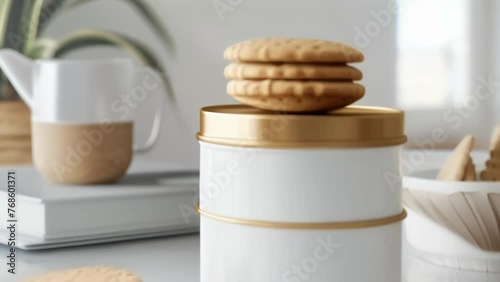 Minimalist tin can mockup ideal for packaging artis cookies or crackers. photo