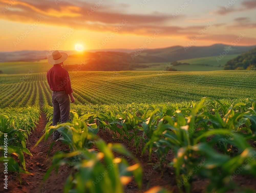 Farmer on corn field against the sunset sky. Farmer on corn field against the sunset sky.