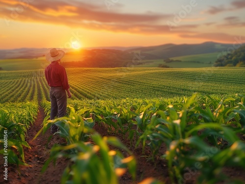 Farmer on corn field against the sunset sky.