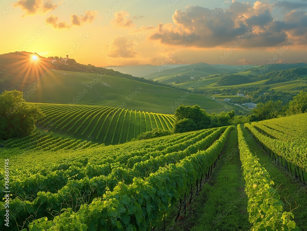 stunning vineyard landscapes, sunset sky