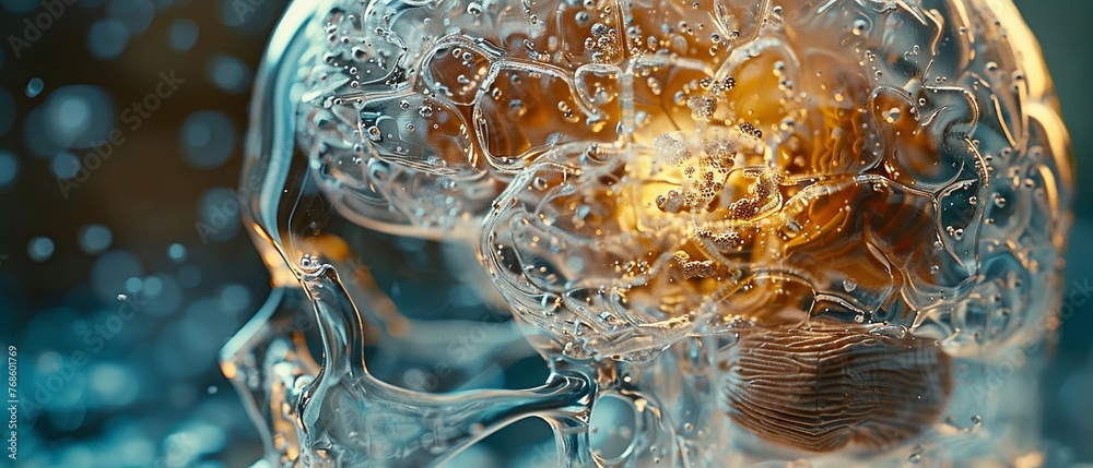 Brain sections within a crystal clear glass skull neural pathways ...