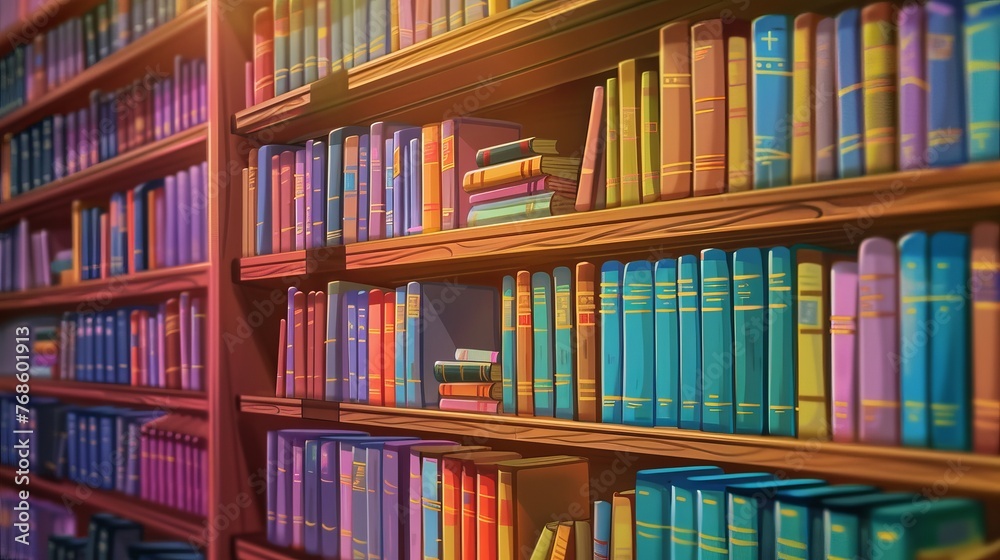 Cartoonish library bookshelves filled with colorful books bring a sense of whimsy and wonder to the world of reading Cartoonish library bookshelves filled with colorful books bring a sense of whimsy and wonder to the world of reading