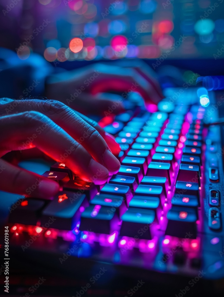 Mechanical keyboard illuminated by LED lights a close up on fast typing hands