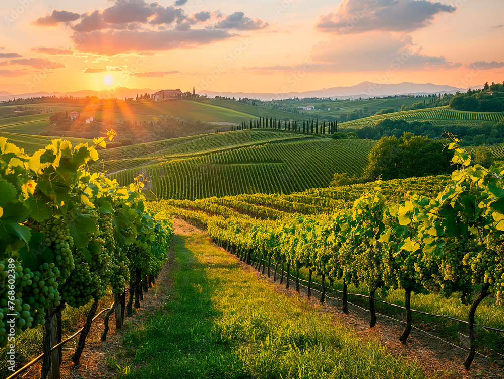 stunning vineyard landscapes, sunset sky