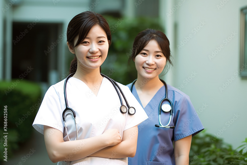 Two happy nurses in white uniforms enjoying a bright day outside the clinic. Two happy nurses in white uniforms enjoying a bright day outside the clinic.