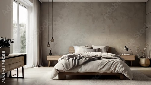 A cozy and minimalist bedroom with modern decor showcasing elegance and comfort. Ideal for a serene, restful retreat.