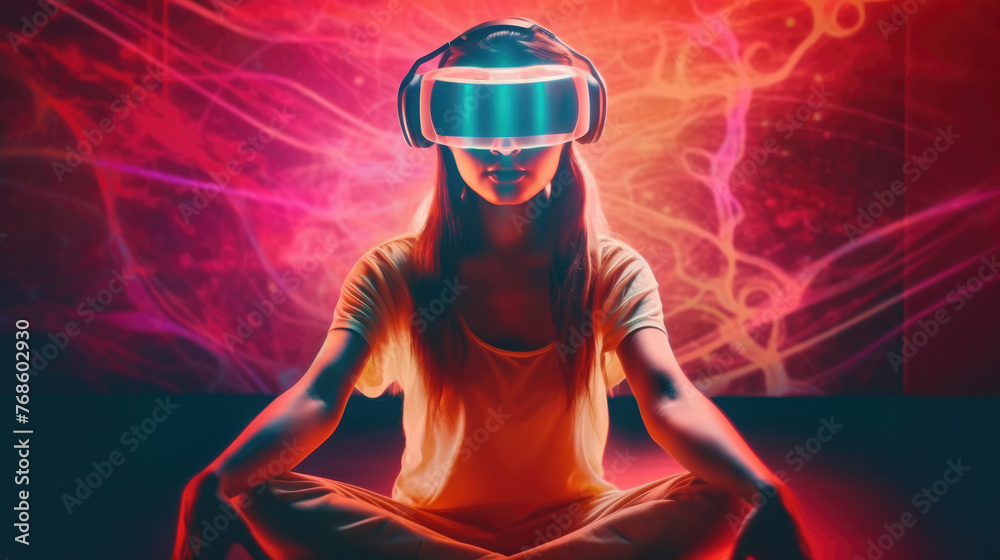 A serene pose with vibrant, tech-inspired ambiance A serene pose with vibrant, tech-inspired ambiance