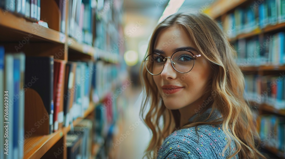 A fair-skinned college student browses a library for a book, a lovely girl with glasses seeking knowledge to succeed in her studies.