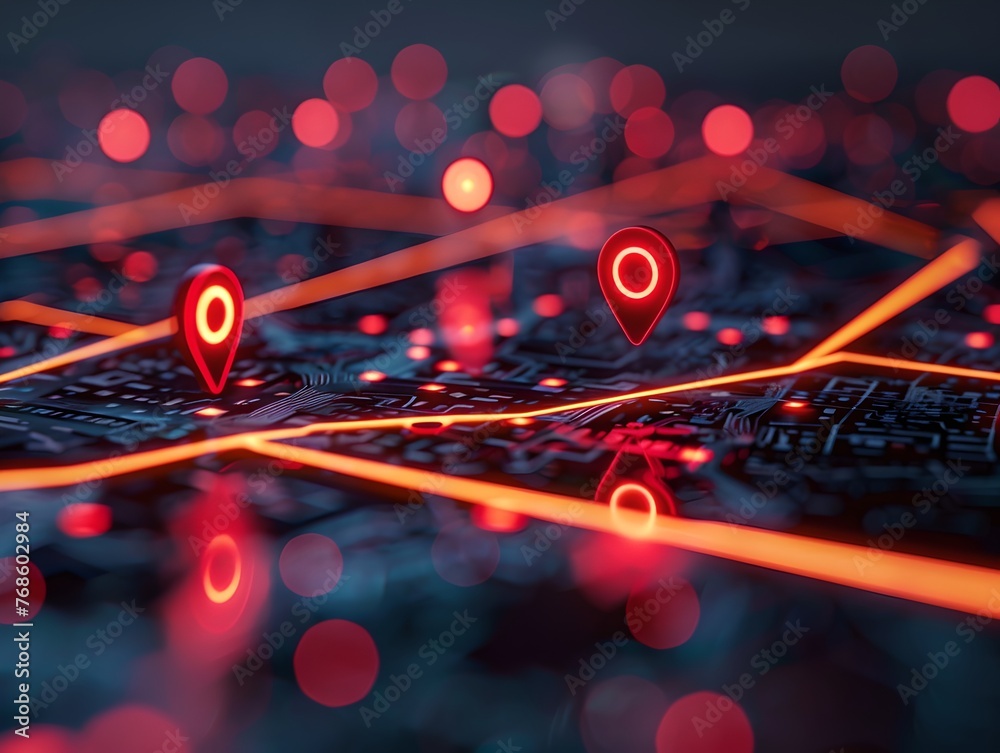 Futuristic Network on Circuit Board with Glowing Red Pinpoints. Digital Connectivity Concept. Bokeh Effect with Sharp Focus on Foreground. Generative AI