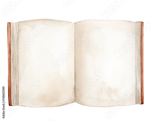 Watercolor illustration book isolated on white background. Open book brown colors. Vintage old textbooks watercolor hand drawn. Blank pages for inserting text