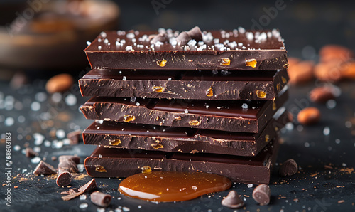 Chocolate with salted caramel on dark background photo