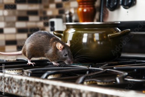 rat on a stovetop, inspecting a pot