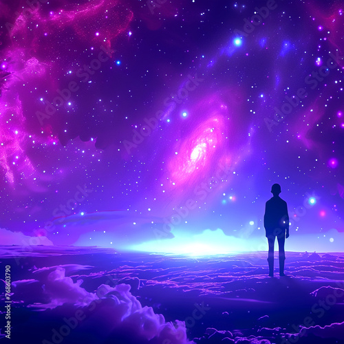 Anime illustrator style design with space painted in purple and blue with galactic dust and neon glowing,