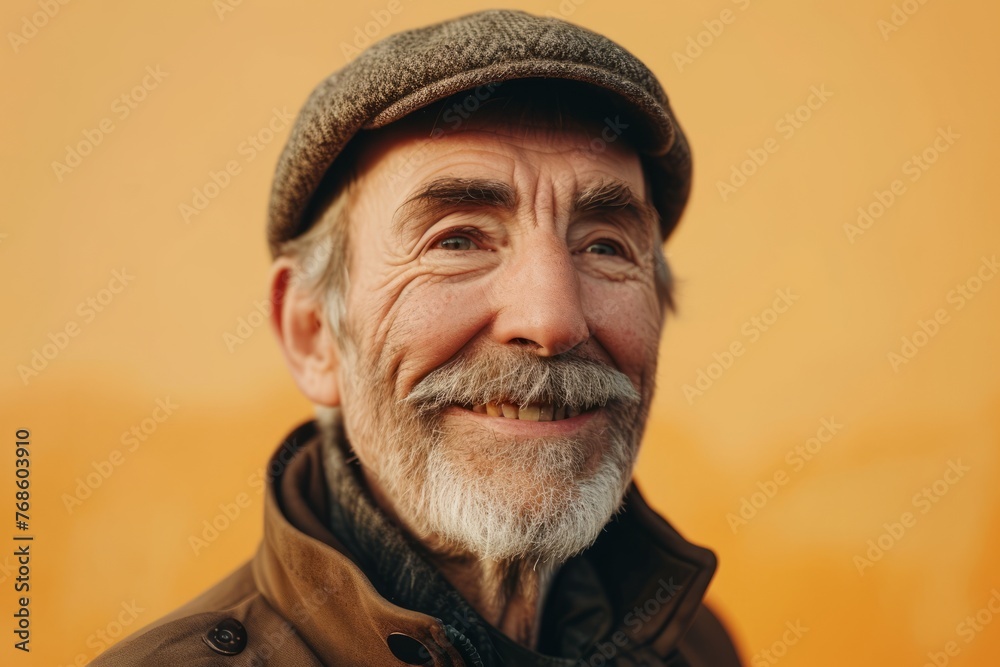 Portrait of an elderly man in a beret on a yellow background.