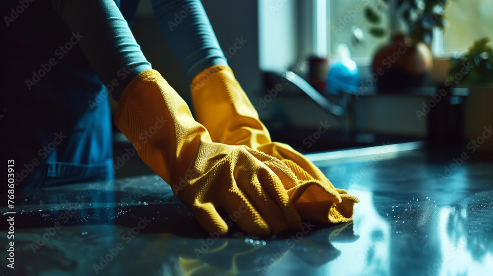 Female cleaner hands in gloves close up, - obrazy, fototapety, plakaty 